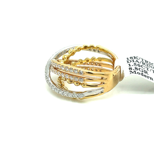18K TRI COLOR GOLD 1.50 CT DIAMOND LADIES RING, 8.8gm Size 6.75