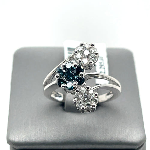 14K White Gold 1.25 CT Blue & White Diamond Ring, 4.2gm, Size 6.25