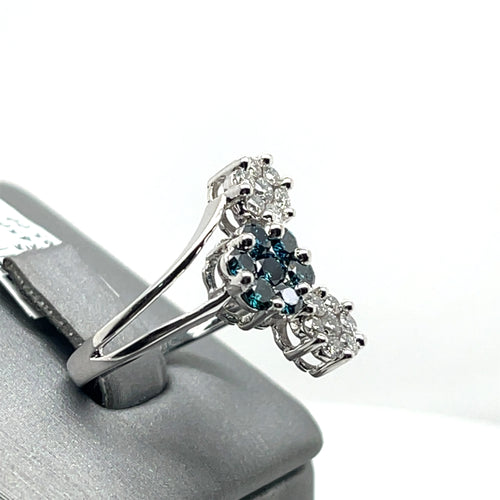 14K White Gold 1.25 CT Blue & White Diamond Ring, 4.2gm, Size 6.25