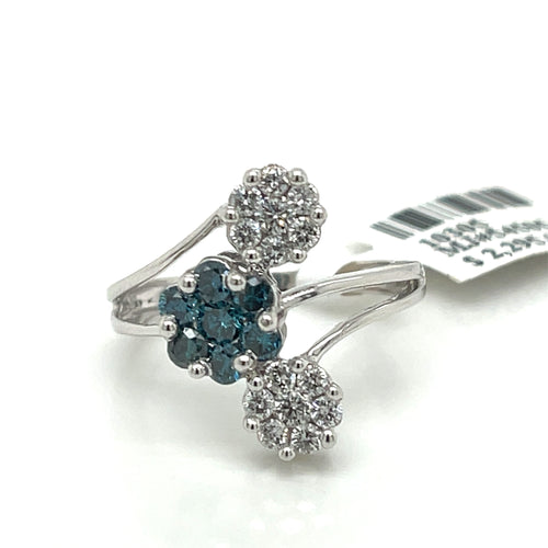 14K White Gold 1.25 CT Blue & White Diamond Ring, 4.2gm, Size 6.25