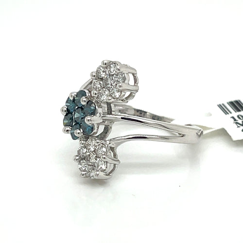 14K White Gold 1.25 CT Blue & White Diamond Ring, 4.2gm, Size 6.25