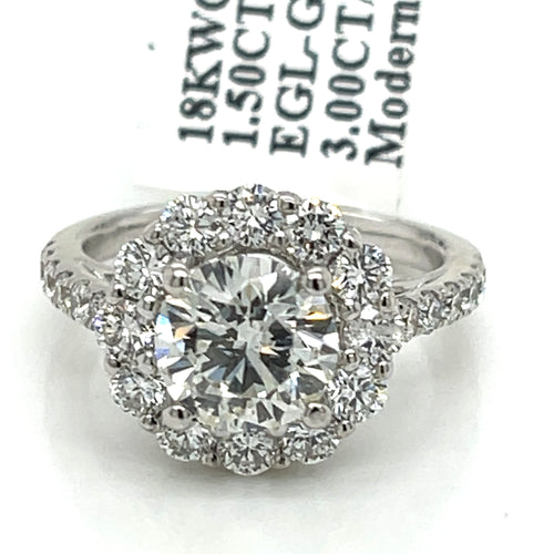 18K White Gold 3.00CT Round Cut Diamond Engagement Ring, Size 4.5, 4.6G