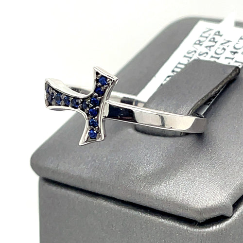 18k White Gold 0.14CT Sapphire Humilis Aqua Sign Ring, 4.4g, Size 9.25