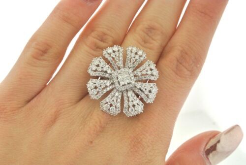 Cocktail Flower Design 18k White Gold 4.00 CT Diamond Ring, 10.2gm, Size 6.75