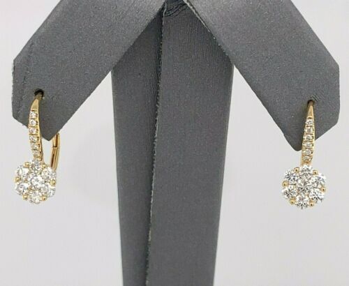 18k Yellow Gold 1.00 CT Diamond Cluster Drop Style Earrings, 1.7gm