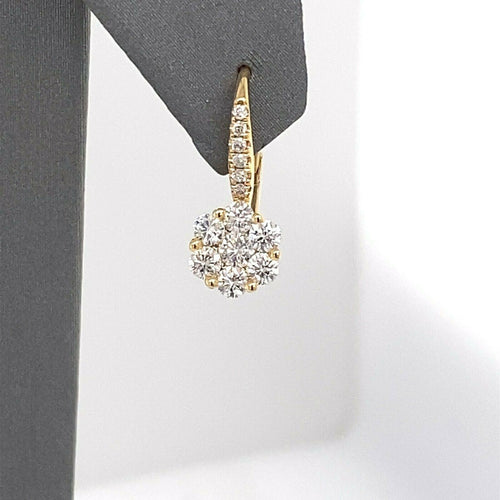 18k Yellow Gold 1.00 CT Diamond Cluster Drop Style Earrings, 1.7gm