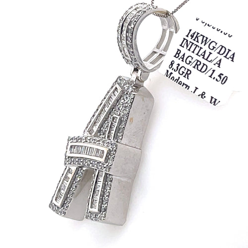 14K White Gold 1.50Ct Baguette Diamond Initial A Pendant 1.75", 8.3G