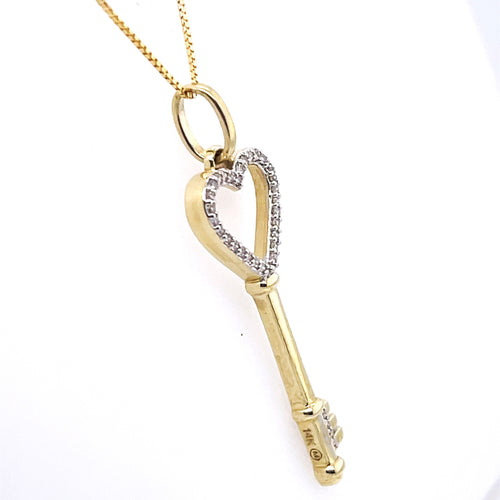 14K Yellow Gold 0.25Ct Diamond Key Heart Necklace, 2.9G