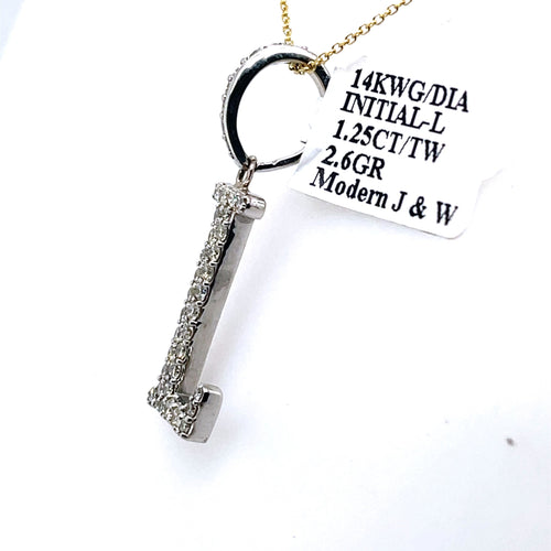 14K White Gold 1.25Ct Round Diamond Initial L Pendant 1.32", 2.6G