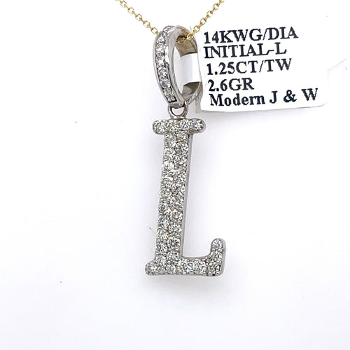 14K White Gold 1.25Ct Round Diamond Initial L Pendant 1.32", 2.6G