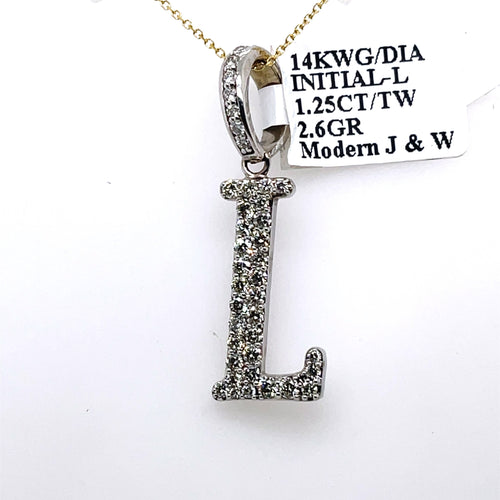 14K White Gold 1.25Ct Round Diamond Initial L Pendant 1.32", 2.6G