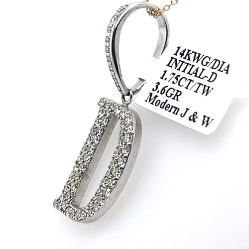 14K White Gold 1.75Ct Round Diamond Initial D Pendant 1.49", 3.6G