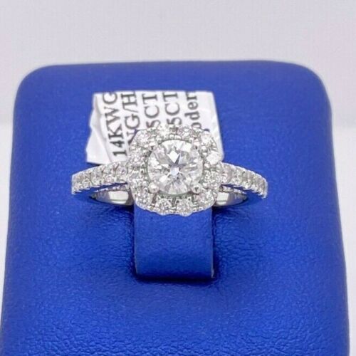 14k White Gold 1.75 CT/TW Diamond Halo Engagement Ring, 3.9 g, Size 5.25