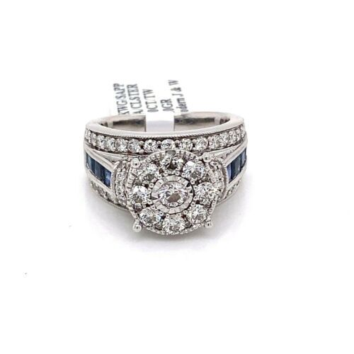 14k White Gold 3.00 CT Diamond & Sapphire Cluster Engagement Ring, 12g