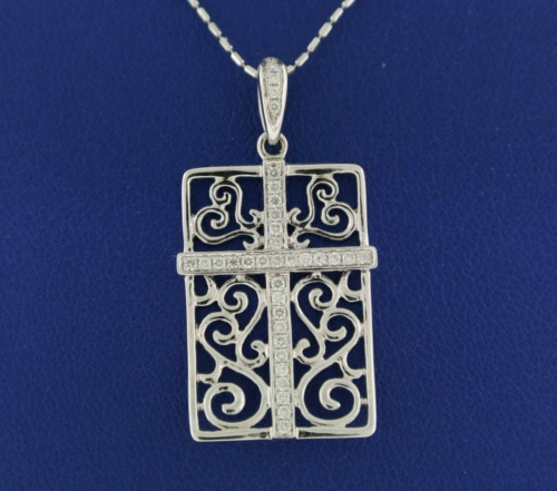 18k White Gold 0.27 CT Diamond Cross Pendant Necklace, 4.4 gm, 18"