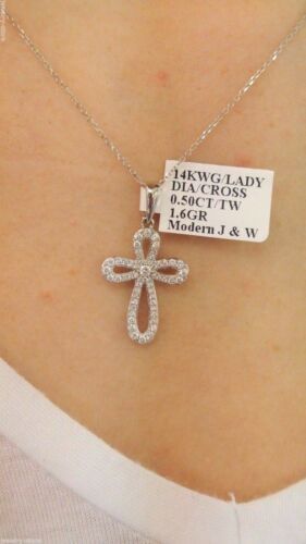 14k White Gold 0.50CT Diamond Ladies Cross Necklace, 16", 1.6gm S102276