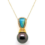 18K Yellow Gold Kabana Black Pearl Opal Pendant 14k Yellow Gold Necklace
