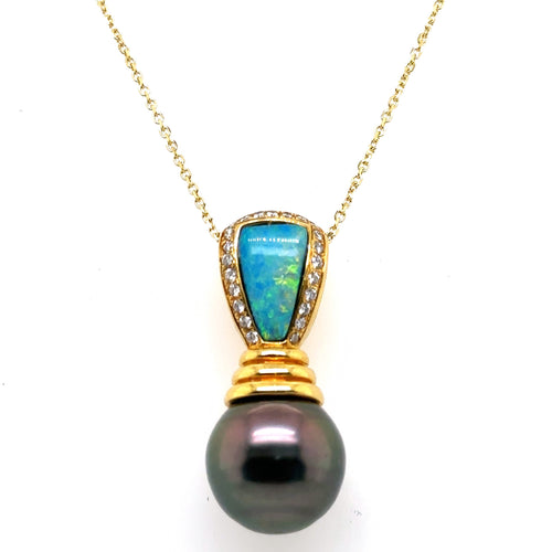 18K Yellow Gold Kabana Black Pearl Opal Pendant 14k Yellow Gold Necklace