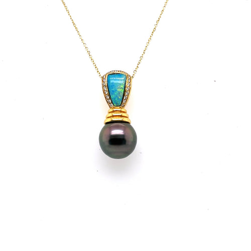 18K Yellow Gold Kabana Black Pearl Opal Pendant 14k Yellow Gold Necklace