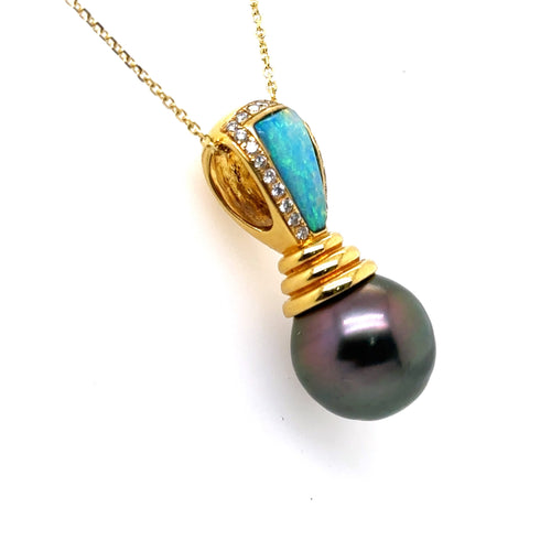 18K Yellow Gold Kabana Black Pearl Opal Pendant 14k Yellow Gold Necklace