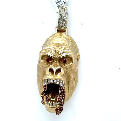 10k Yellow Gold 1.00CT Diamond & Ruby Gorilla Pendant, 71.4gm