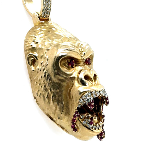 10k Yellow Gold 1.00CT Diamond & Ruby Gorilla Pendant, 71.4gm