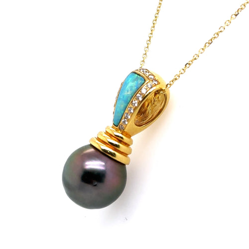 18K Yellow Gold Kabana Black Pearl Opal Pendant 14k Yellow Gold Necklace