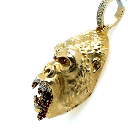 10k Yellow Gold 1.00CT Diamond & Ruby Gorilla Pendant, 71.4gm