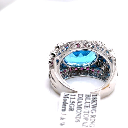 18k White Gold 6.00 CT Blue Topaz & Diamond Ladies Ring, 11.5gm
