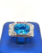 18k White Gold 6.00 CT Blue Topaz & Diamond Ladies Ring, 11.5gm