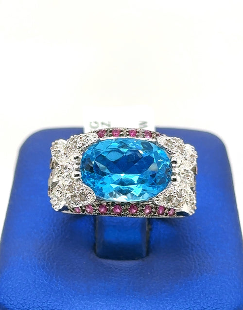 18k White Gold 6.00 CT Blue Topaz & Diamond Ladies Ring, 11.5gm