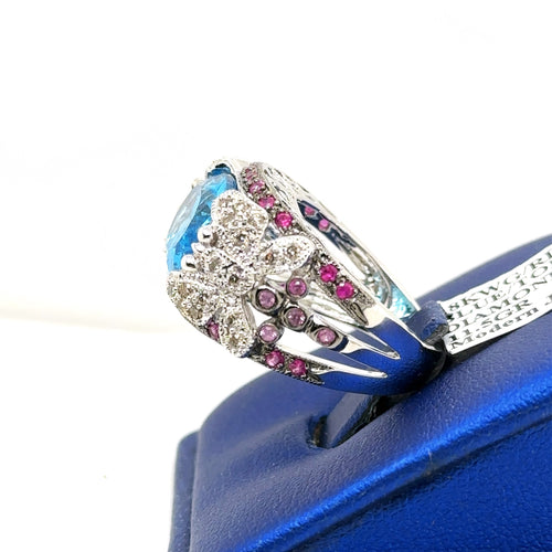 18k White Gold 6.00 CT Blue Topaz & Diamond Ladies Ring, 11.5gm