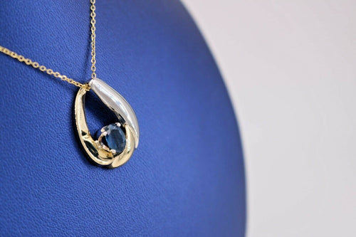 14k Two Tone Gold 1.00 CT Sapphire Pendant Necklace, 5.8gm, 16"