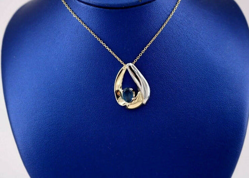 14k Two Tone Gold 1.00 CT Sapphire Pendant Necklace, 5.8gm, 16"