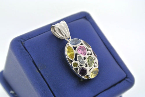 Ladies 14k White Gold Multi Color Stone Pendant, 5.3gm, Made In Italy