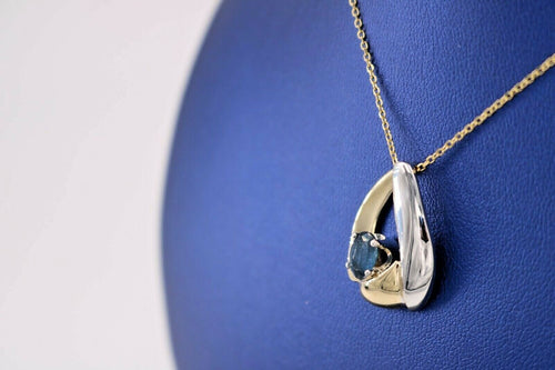 14k Two Tone Gold 1.00 CT Sapphire Pendant Necklace, 5.8gm, 16"