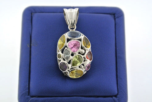 Ladies 14k White Gold Multi Color Stone Pendant, 5.3gm, Made In Italy