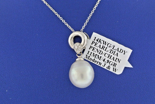 14k White Gold 11mm Pearl & Diamond Ladies Pendant, 4.9gm