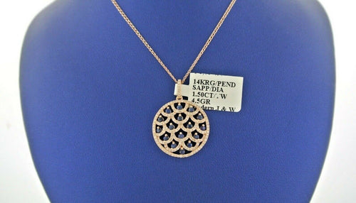 14k Rose Gold 1.50 CT Sapphire & Diamond Pendant Necklace, 4.5gm, 16"