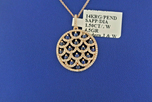 14k Rose Gold 1.50 CT Sapphire & Diamond Pendant Necklace, 4.5gm, 16"