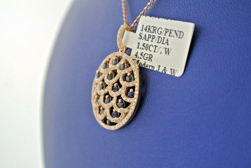 14k Rose Gold 1.50 CT Sapphire & Diamond Pendant Necklace, 4.5gm, 16"