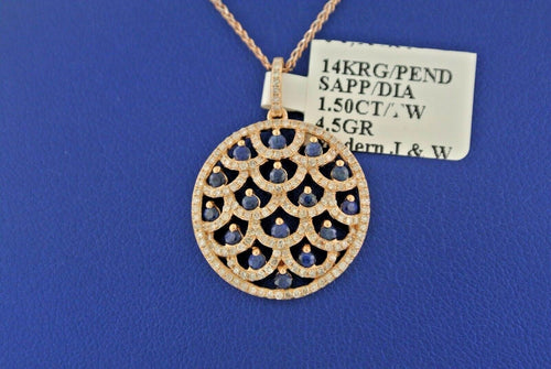 14k Rose Gold 1.50 CT Sapphire & Diamond Pendant Necklace, 4.5gm, 16"