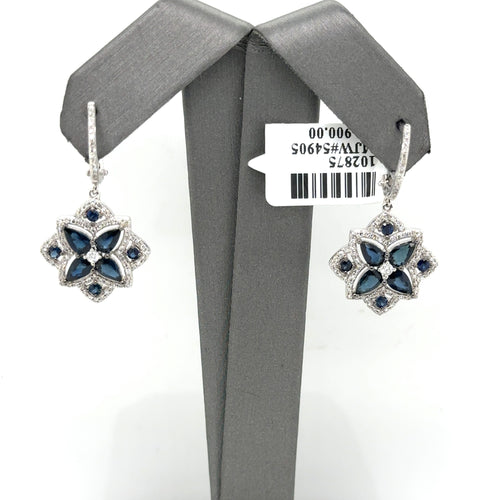 14k White Gold 2.00 CT Diamond & Sapphire Flower Drop Earrings, 5.6gm