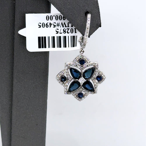 14k White Gold 2.00 CT Diamond & Sapphire Flower Drop Earrings, 5.6gm