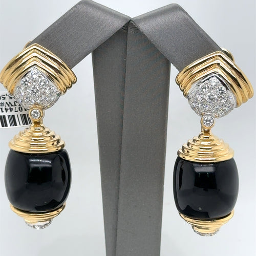 18K YELLOW GOLD 3.00CT DIAMONDS & BLACK ONYX LADIES EARRING S107441