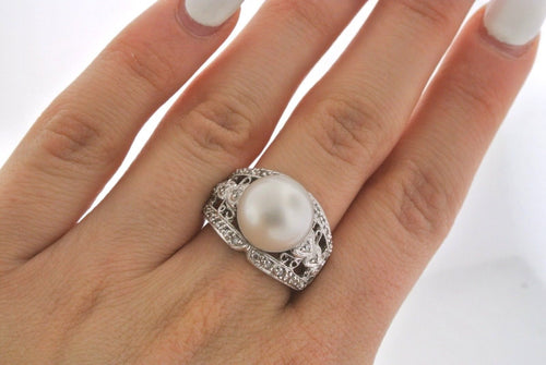 18k White Gold 12mm Pearl & 0.50 CT Diamond Ladies Ring, 10gm, Size 7, S103949