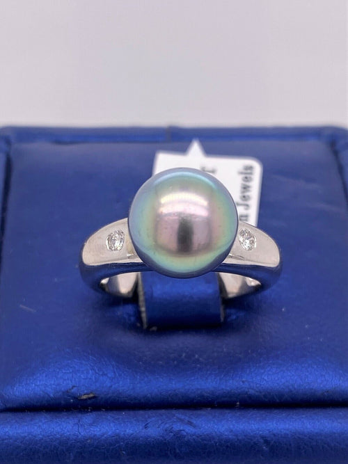 18k White Gold 10mm Tahitian Pearl & 0.25 CT Diamond Ring, 6.2g, Size 5, S15317