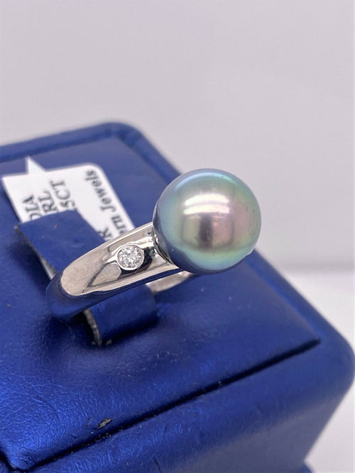 18k White Gold 10mm Tahitian Pearl & 0.25 CT Diamond Ring, 6.2g, Size 5, S15317
