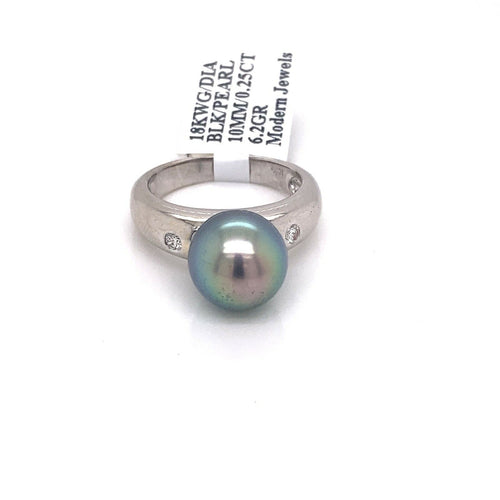 18k White Gold 10mm Tahitian Pearl & 0.25 CT Diamond Ring, 6.2g, Size 5, S15317