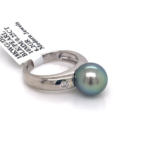 18k White Gold 10mm Tahitian Pearl & 0.25 CT Diamond Ring, 6.2g, Size 5, S15317
